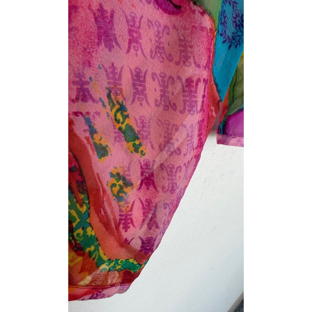 Chico's Women Medium 100% Silk Shirt Sheer Pink Multicolor Art To Wear Top - Picture 11 of 15
